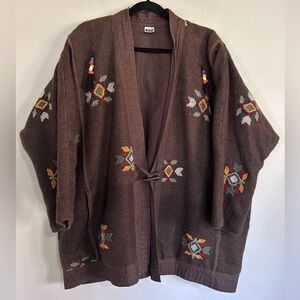 Tibet Collection Embroidered Wool Jacket Brown Boho Kimono Cardigan L/XL